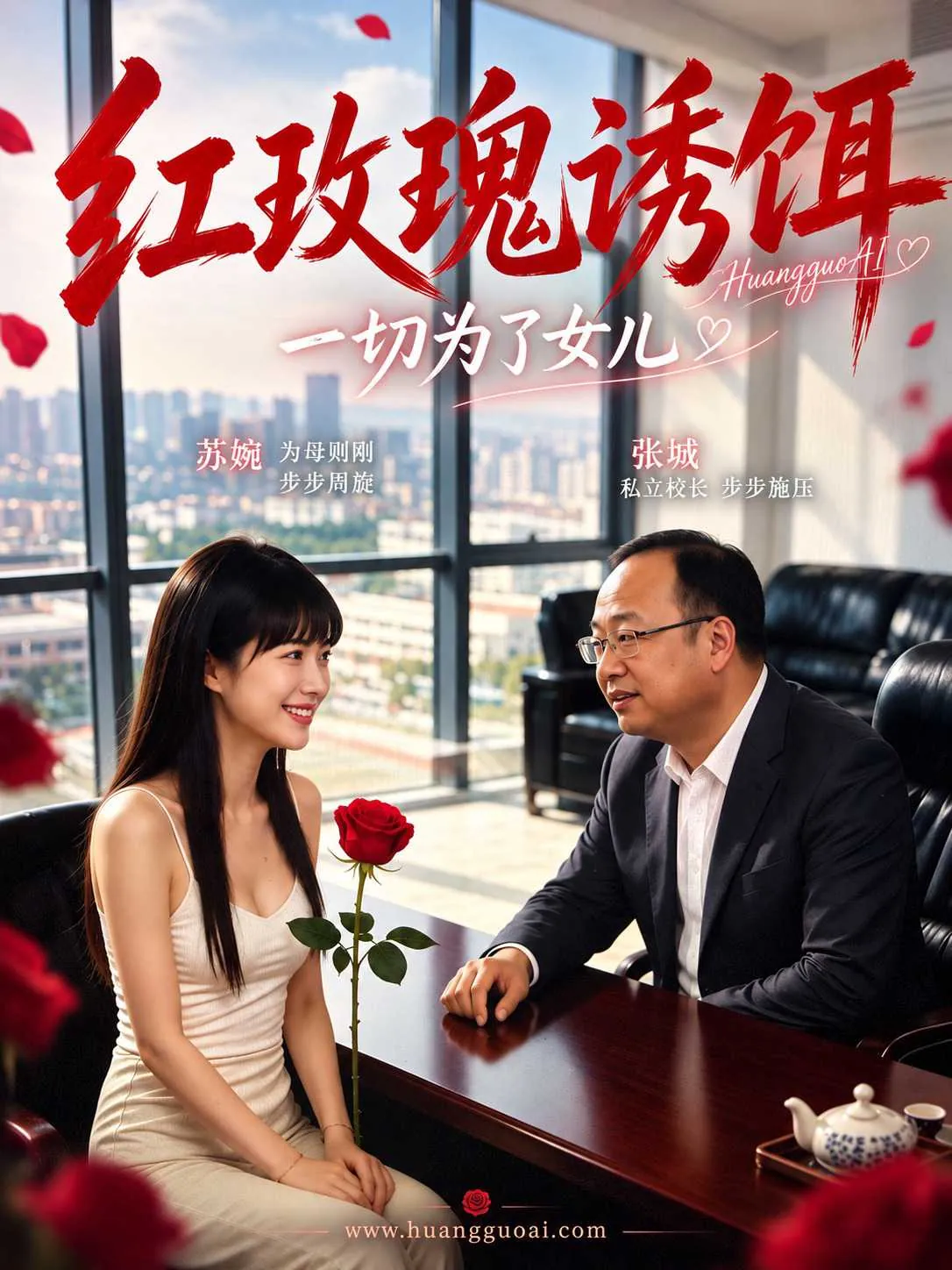 红玫瑰诱饵短剧封面，男子与女子隔桌对坐