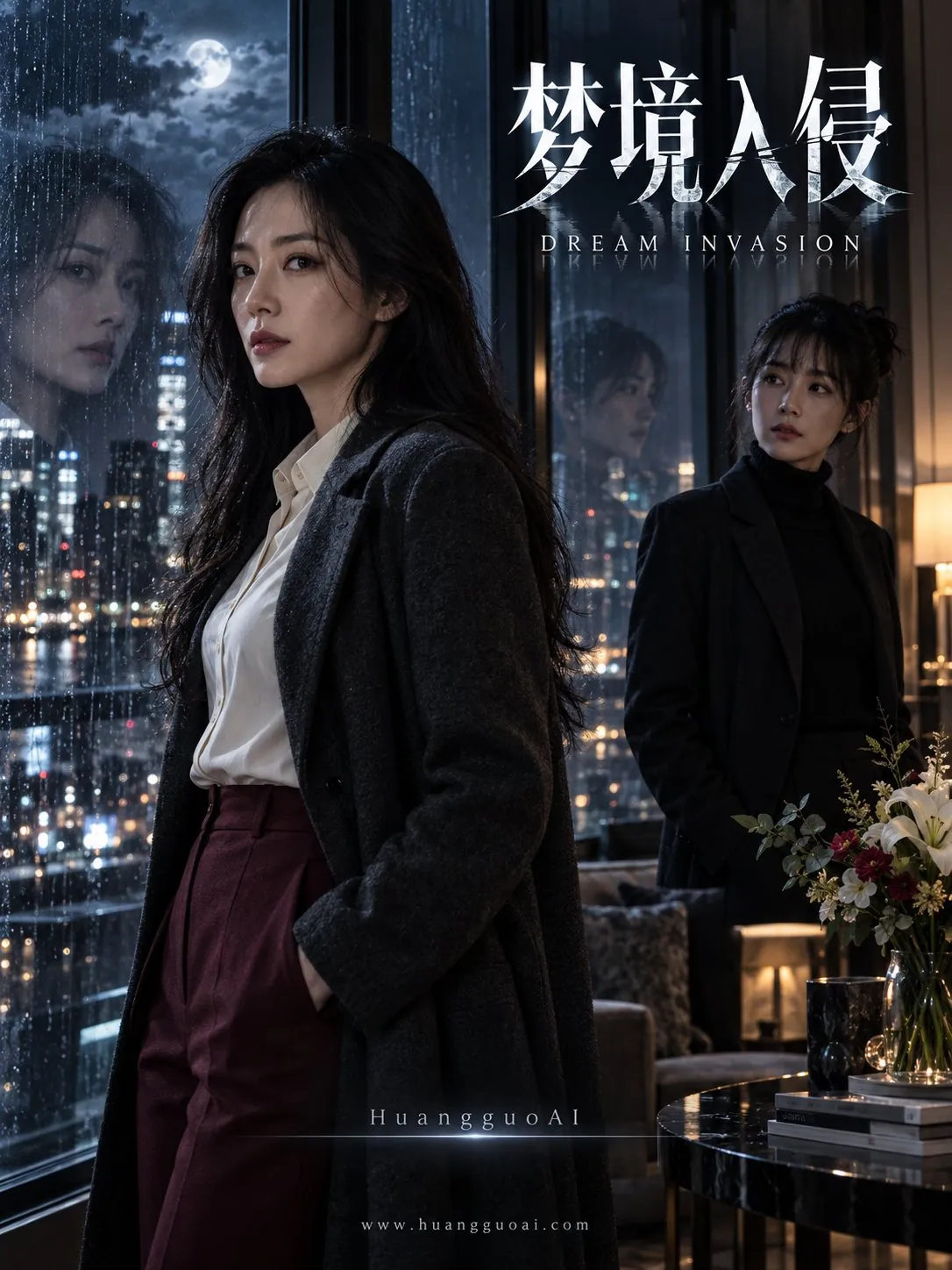 悬疑题材短剧封面，两位女性站在雨夜窗前